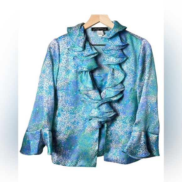 Frascara Women’s 100% Silk Formal Jacket and Shell Blue Ruffles size 10 - Picture 1 of 15